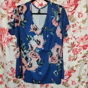 AlleGrace 2x Blue Floral Women's Blouse